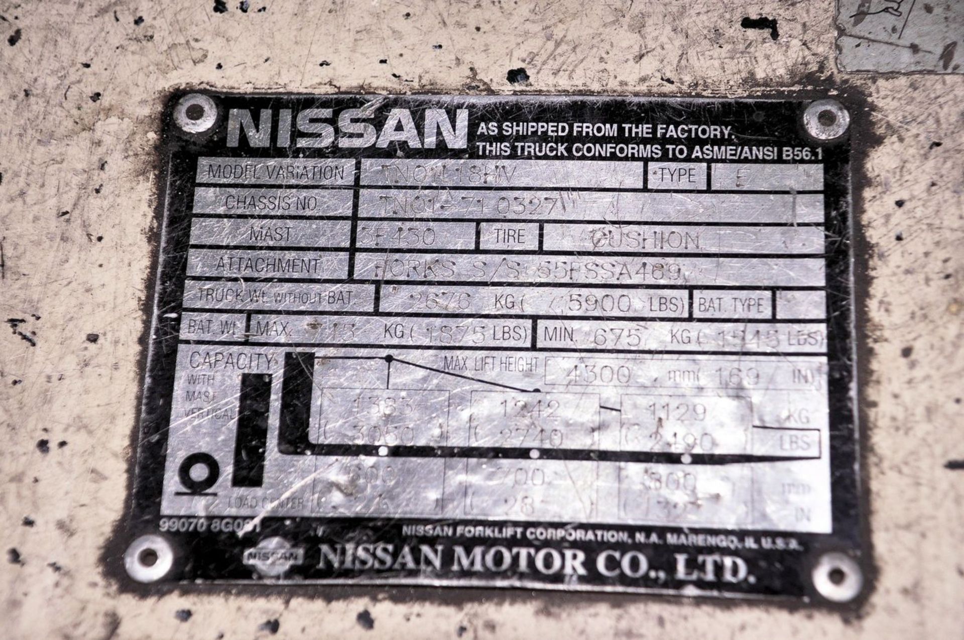 Nissan 3,050 lb. Cap. Model TN01L18HV Electric Fork Lift Truck, S/N: TN01-710327; 3-Stage Mast, - Image 8 of 8