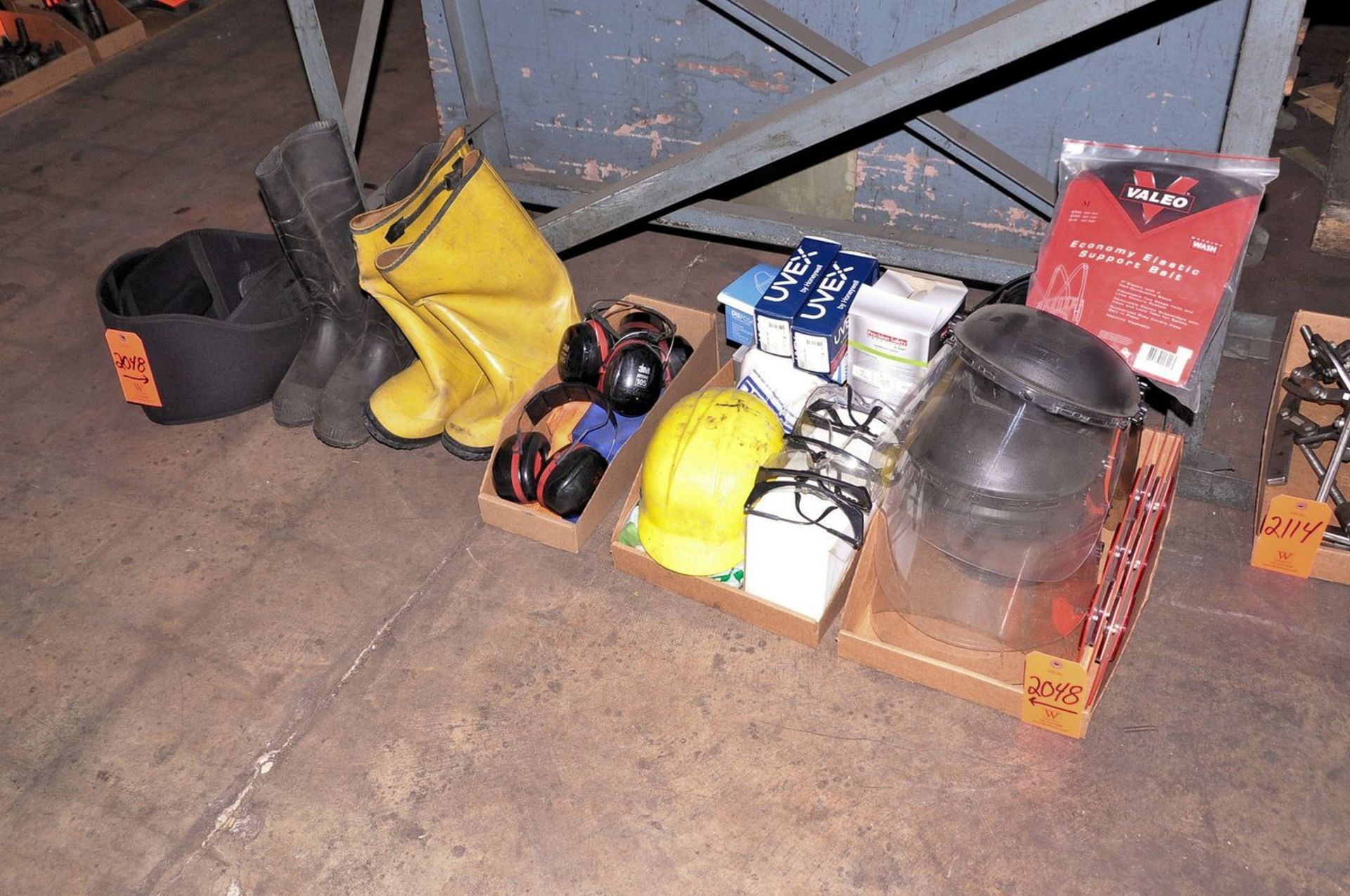 Lot - Safety Glasses, Safety Helmets, Hard Hats, Ear Muffs and Medical Masks in (3) Boxes with Water