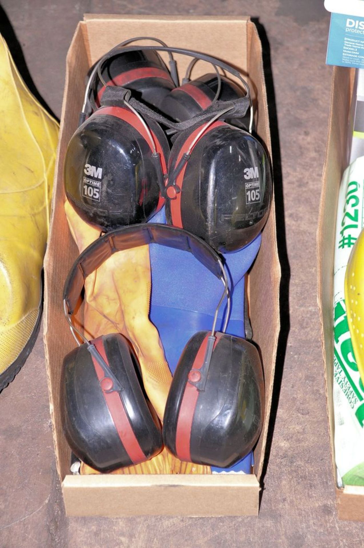 Lot - Safety Glasses, Safety Helmets, Hard Hats, Ear Muffs and Medical Masks in (3) Boxes with Water - Image 3 of 4