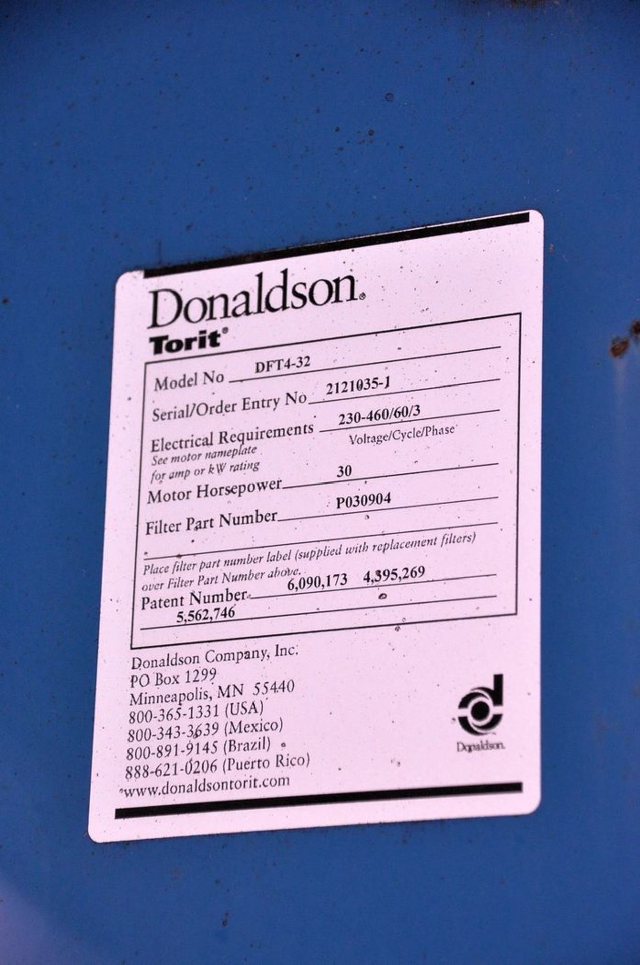 Donaldson Torit Model DFT4-32 Down-Flo Dust Collector, S/N: 2121035-1; 30-HP; Filter Part No. - Image 4 of 4