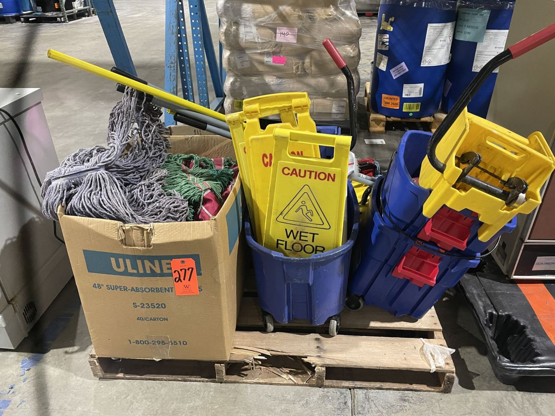 Lot - Pallet with Mop Buckets and Mops with Handles and Mop Heads (Removal Cost : $75)