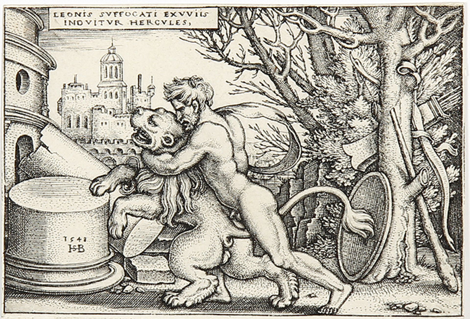 HANS SEBALD BEHAM:  Hercules erwürgt den nemäischen Löwen.