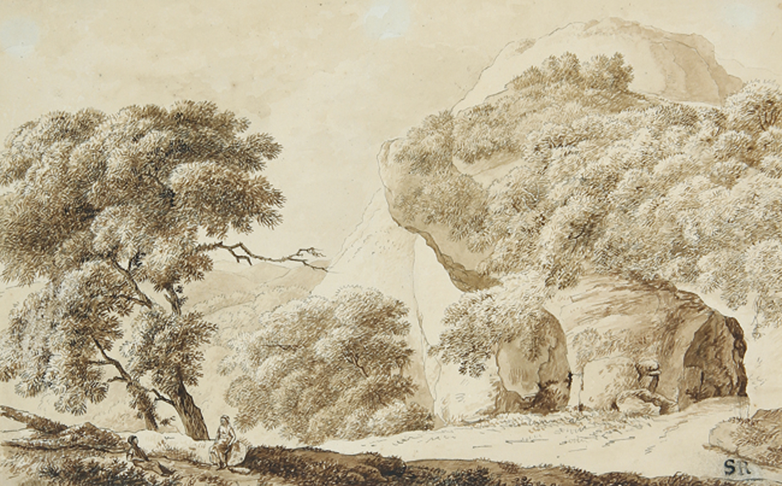 FRANZ KOBELL: Südliche Landschaft mit rastendem Paar nahe einer Felshöhle.