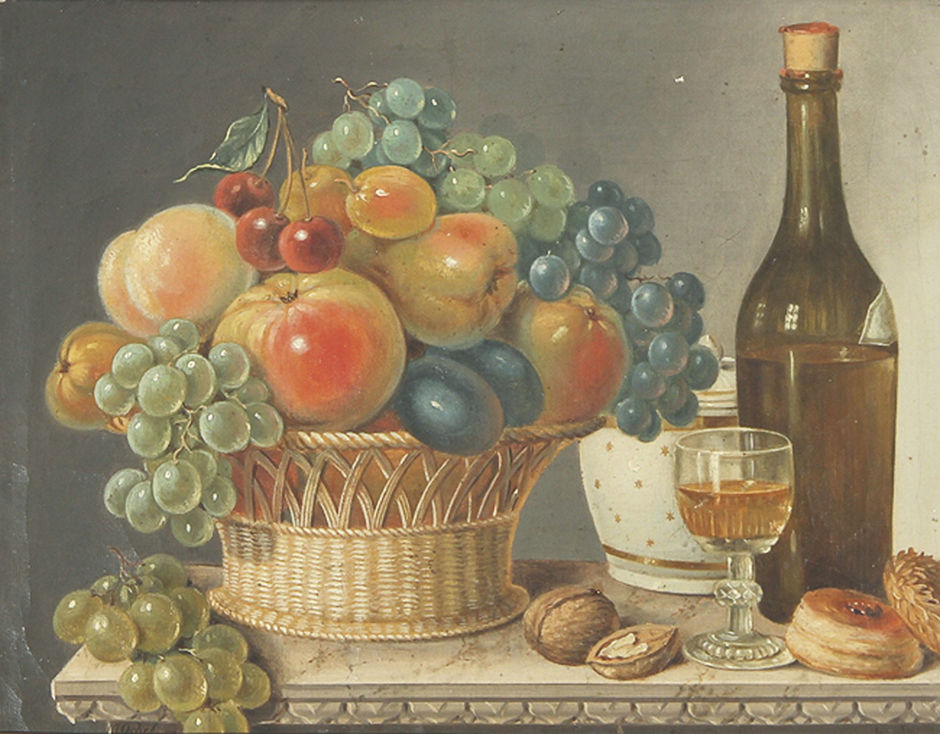 JOHANN SAMUEL OCKEL: Stilleben mit Früchtekorb und Weinflasche mit Glas.