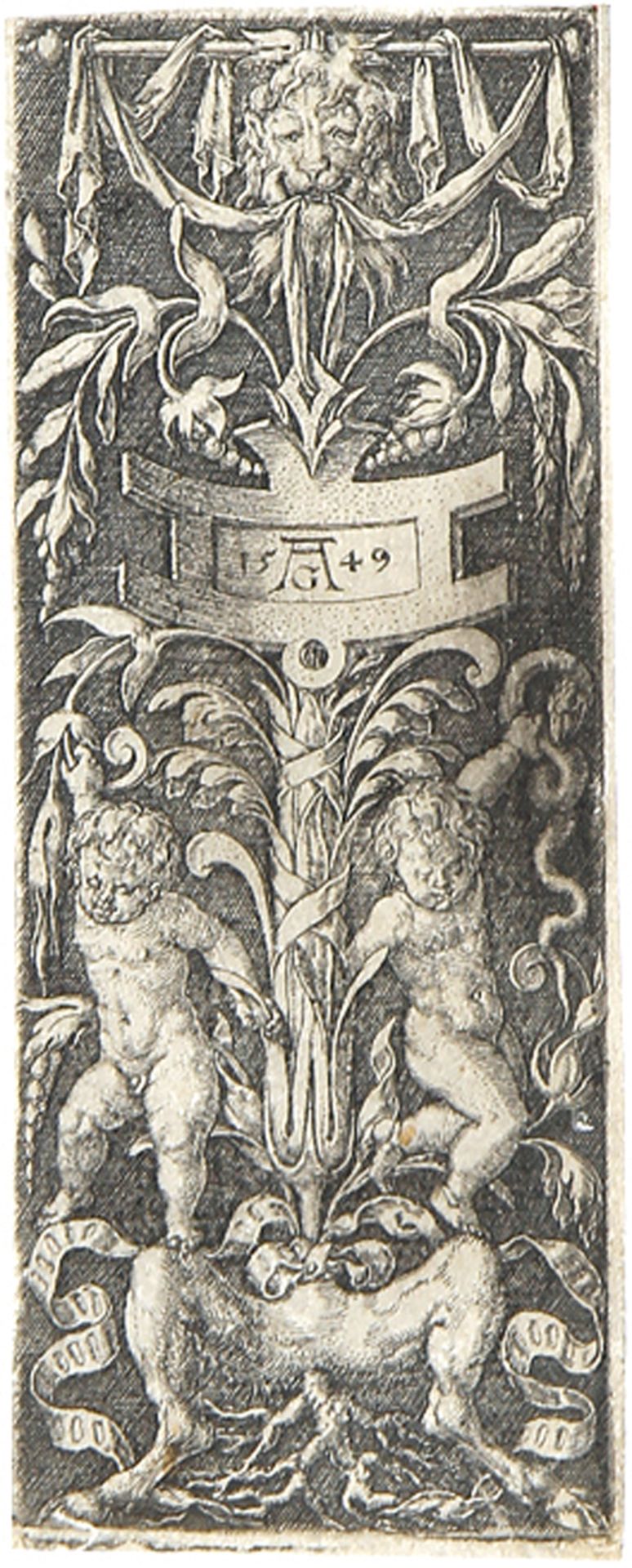 HEINRICH ALDEGREVER:  Ornamenttafel mit zwei nackten, auf Satyrbeinen stehenden Knaben.