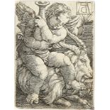 HEINRICH ALDEGREVER: Geflügelter Putto mit Vase, auf einer Ziege sitzend.