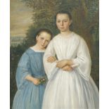 FRIEDRICH THOMAS: Zwei Mädchen mit Schriftrolle bzw. Rosensträußchen vor einem Baum,