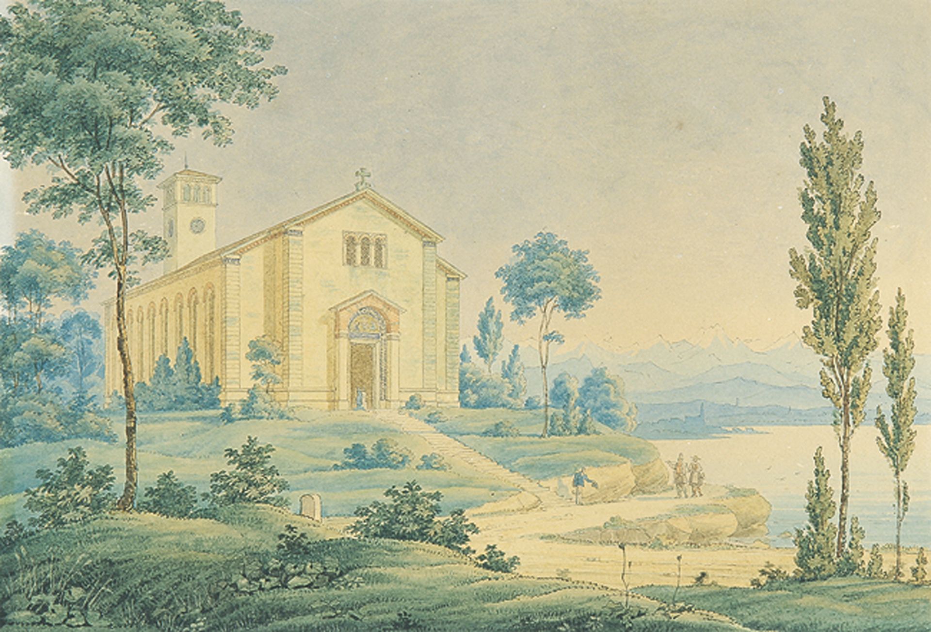 DEUTSCHER KÜNSTLER: Südliche Landschaft mit Blick auf eine Kirche in Ufernähe.