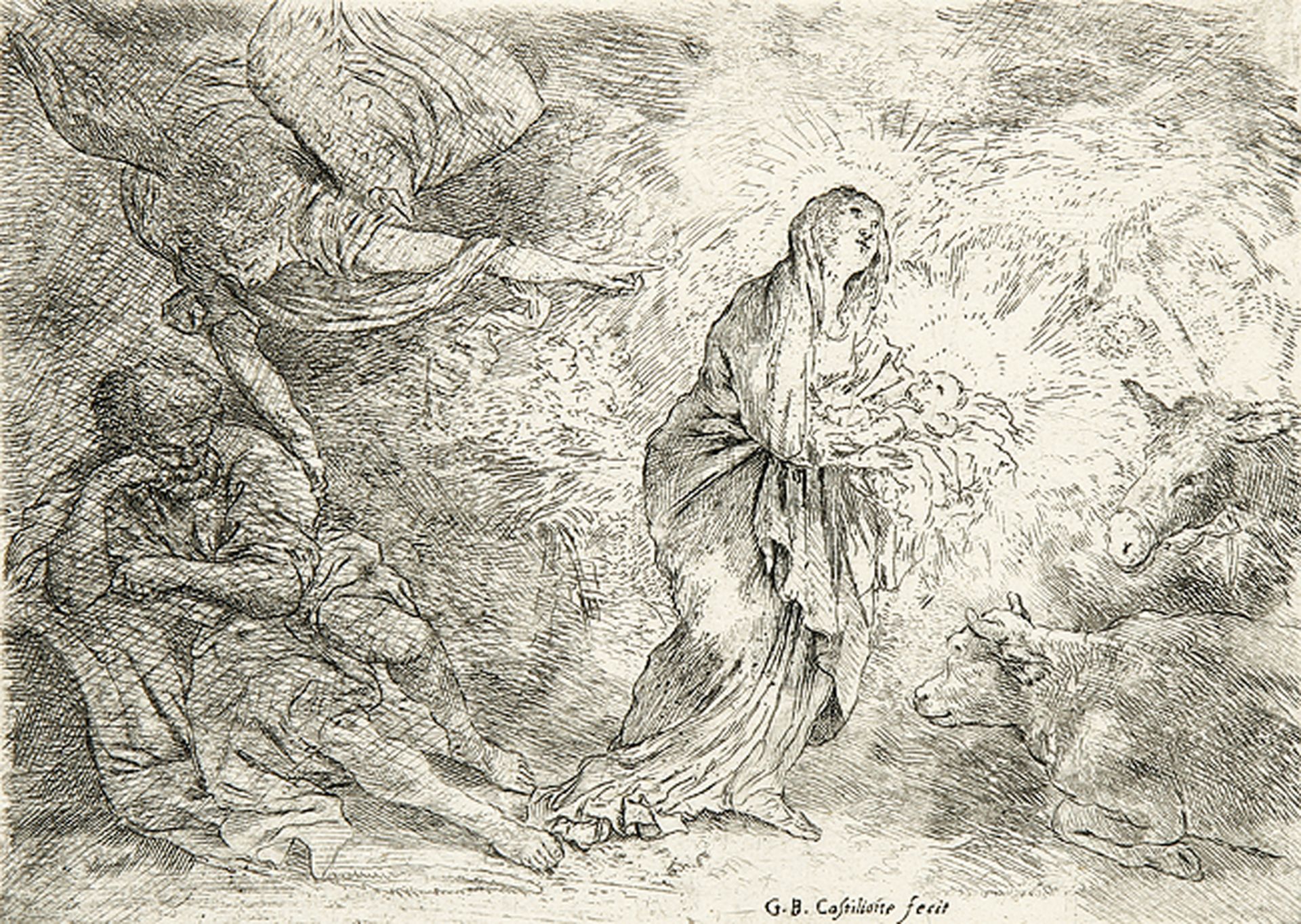 GIOVANNI BENEDETTO CASTIGLIONE, gen. IL GRECHETTO:  Der Engel weckt Joseph aus seinem Traum.