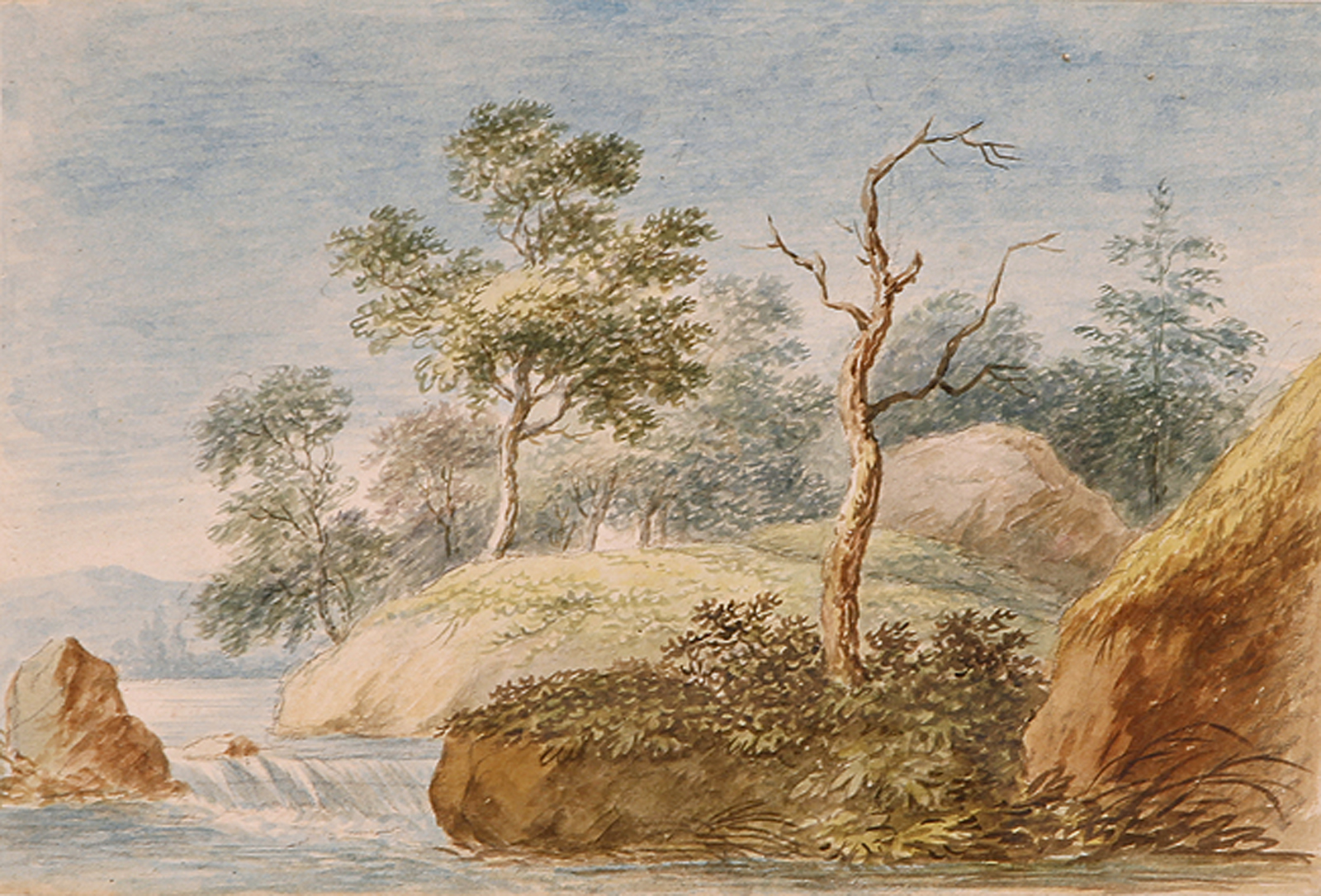 WILHELM MELCHIOR - zugeschrieben: Baumbestandenes felsiges Ufer eines Gewässers mit kleiner Stromsc