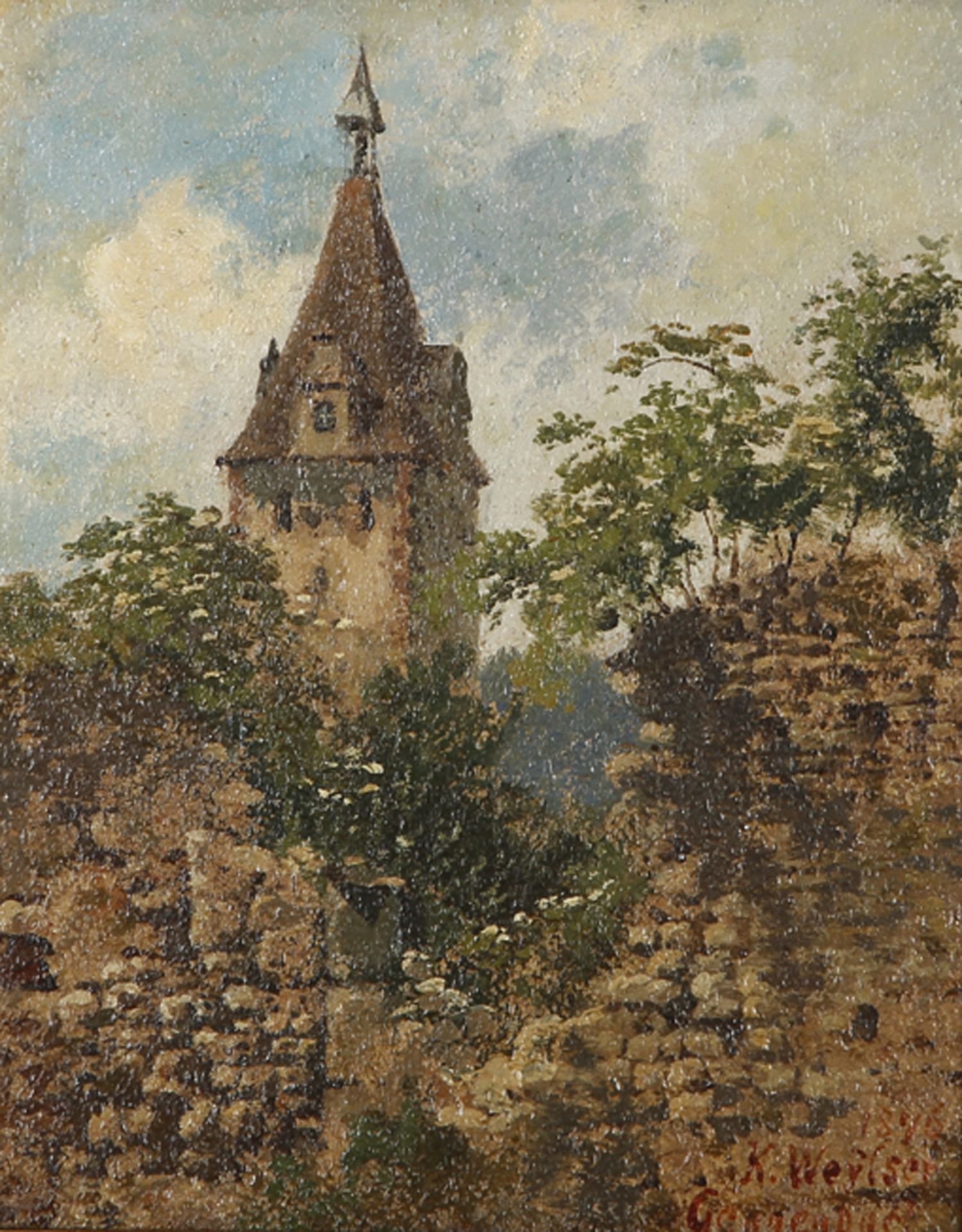 KARL WEYSSER: Gengenbach: Blick über die Reste einer zerfallenen Natursteinmauer auf die Turmspitze