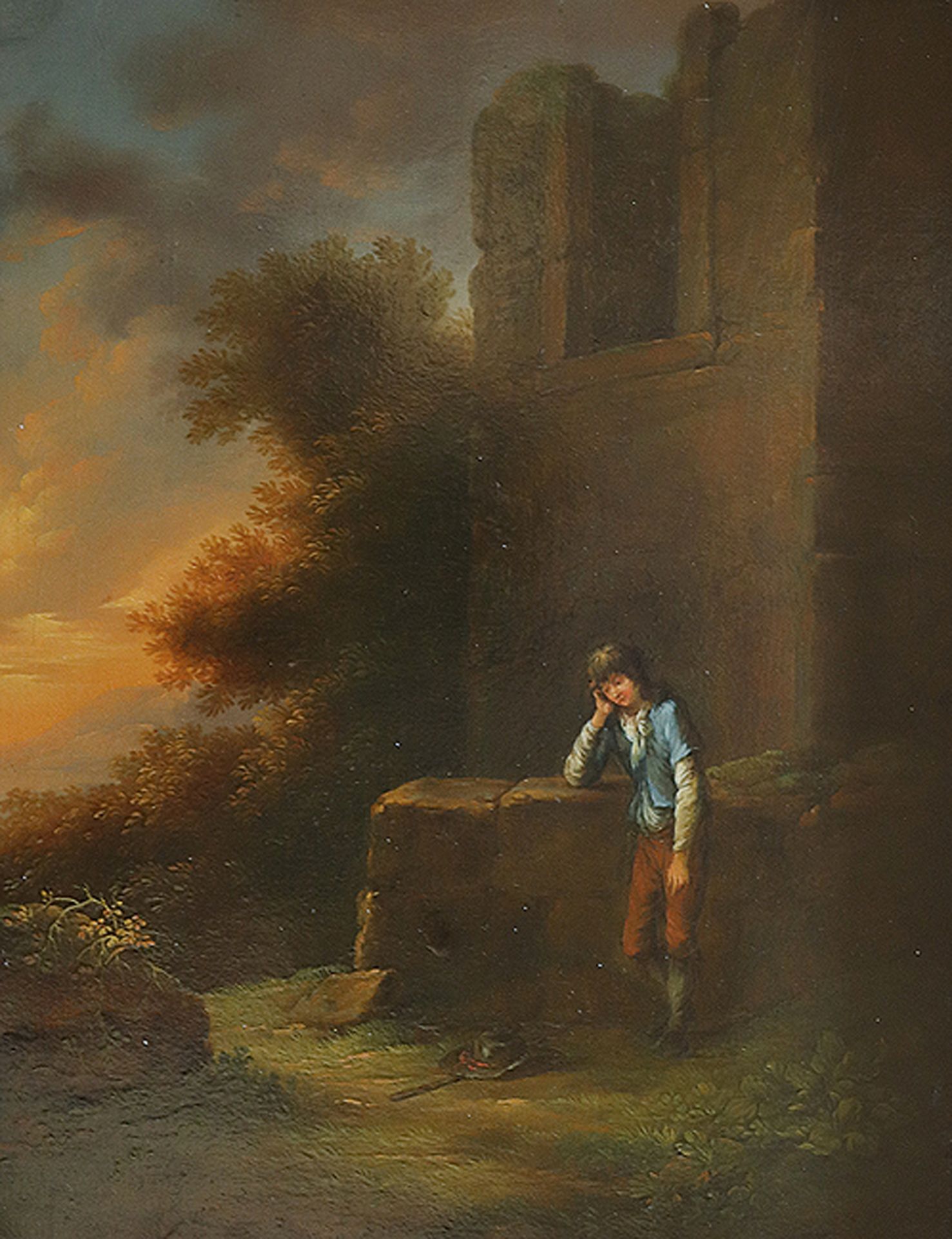 FERDINAND KOBELL - Umkreis: Junger Wanderer, im Abendlicht bei einer Ruine stehend.