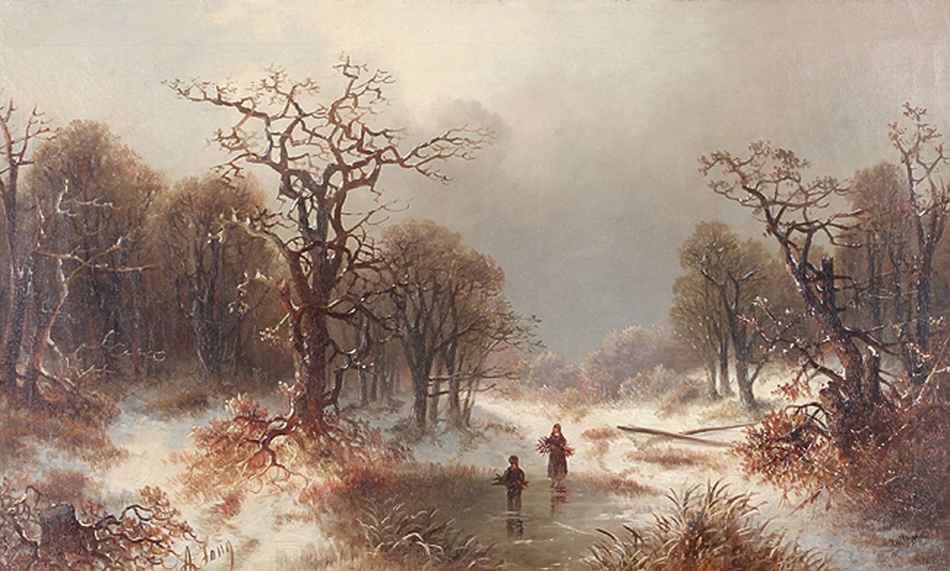 ALBERT LANG: Winterlandschaft mit Reissig sammelnden Kindern an einem Bach.