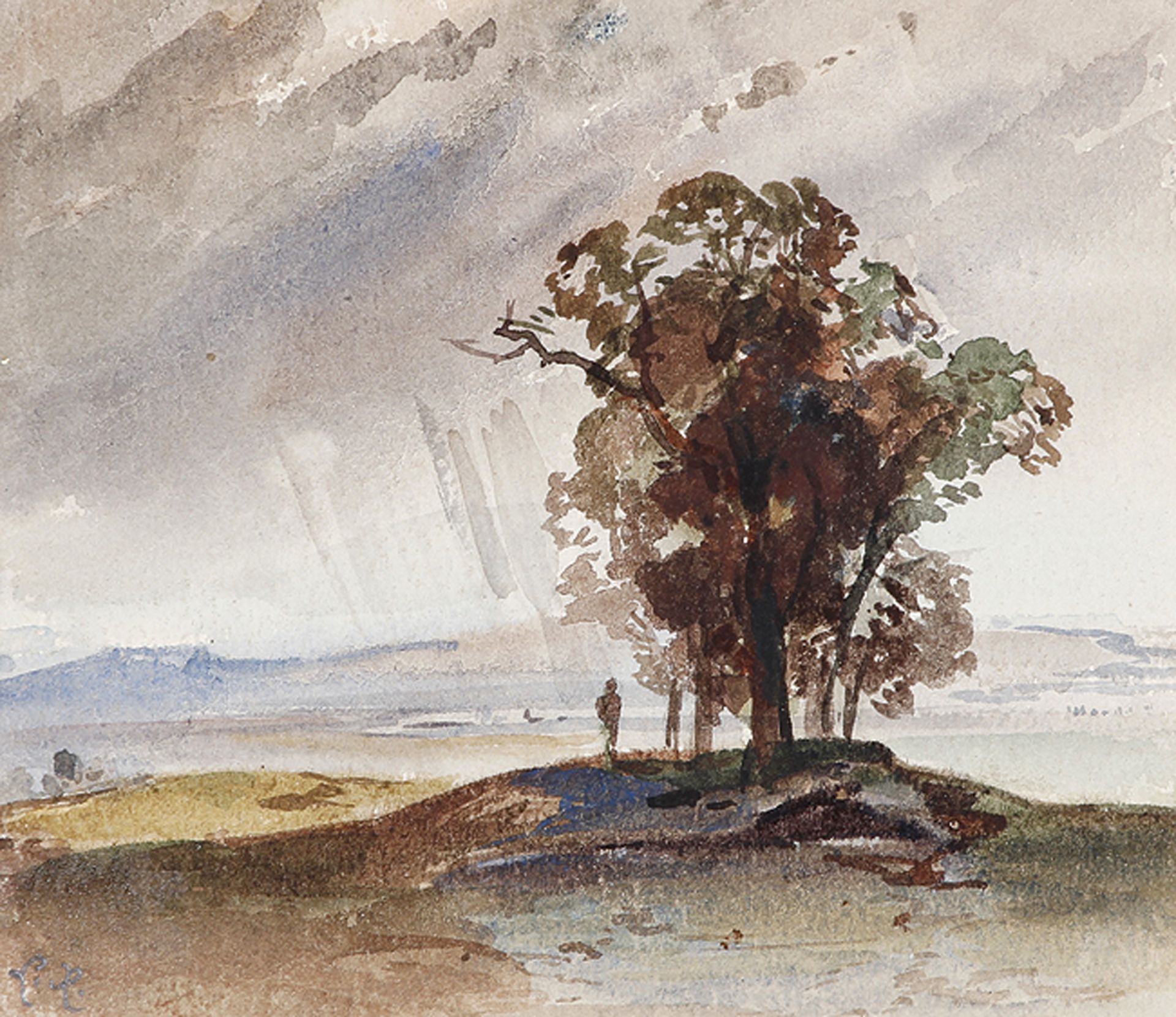 LEOPOLD ROTTMANN: Landschaft mit Wanderer neben einer Baumgruppe.