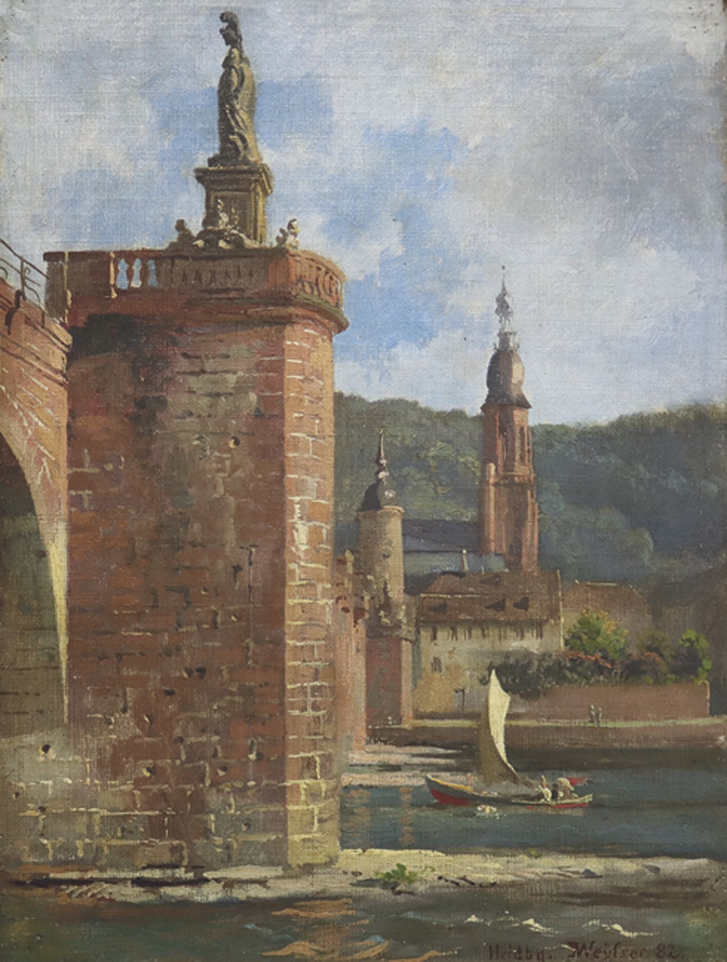 KARL WEYSSER: Heidelberg: Blick auf die Minervastatue der Alten Brücke und die Heiliggeistkirche.