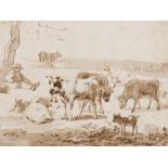 JOHANN CHRISTIAN KLENGEL - zugeschrieben: Rastender Hirte mit seiner Herde von Kühen und Ziegen.