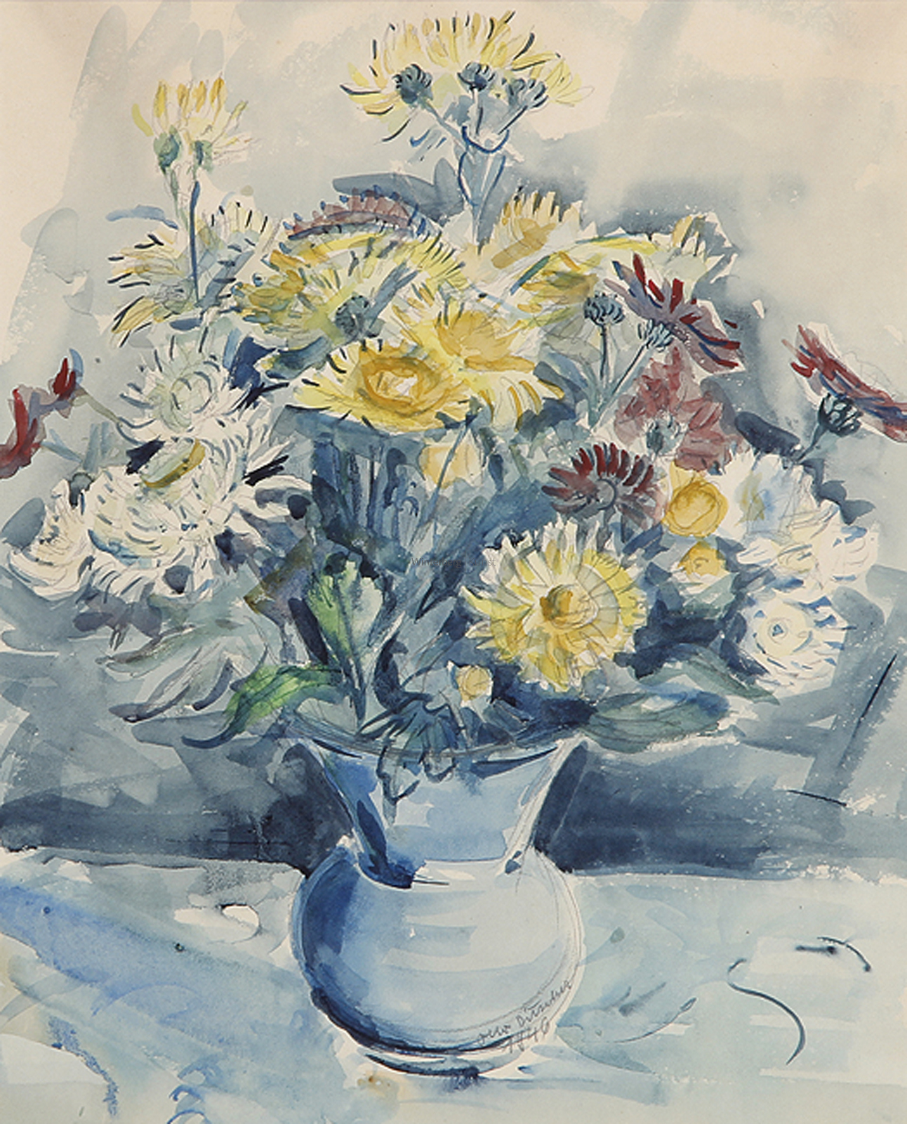 OTTO DITSCHER: Gelb-, weiß- und rotblühende Blumen in einer Vase.
