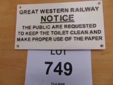 GREAT WESTERN RAILWAY CAST IRON SIGN 30X 15CMS