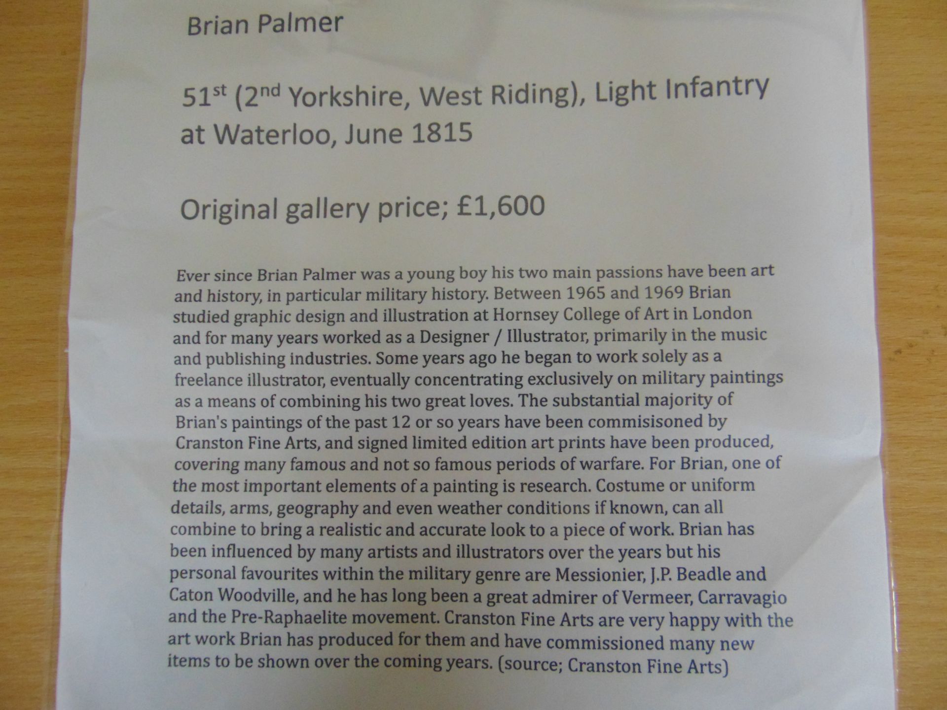 Original Oil Painting 51st (2nd Yorkshire, West Riding) Light Infantry Waterloo 1815 by Brian Palmer - Image 6 of 7