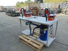 Work bench with 2x Hegner 240volt Scroll Saws, Schlepp Dust Extractor Foot Controls etc.