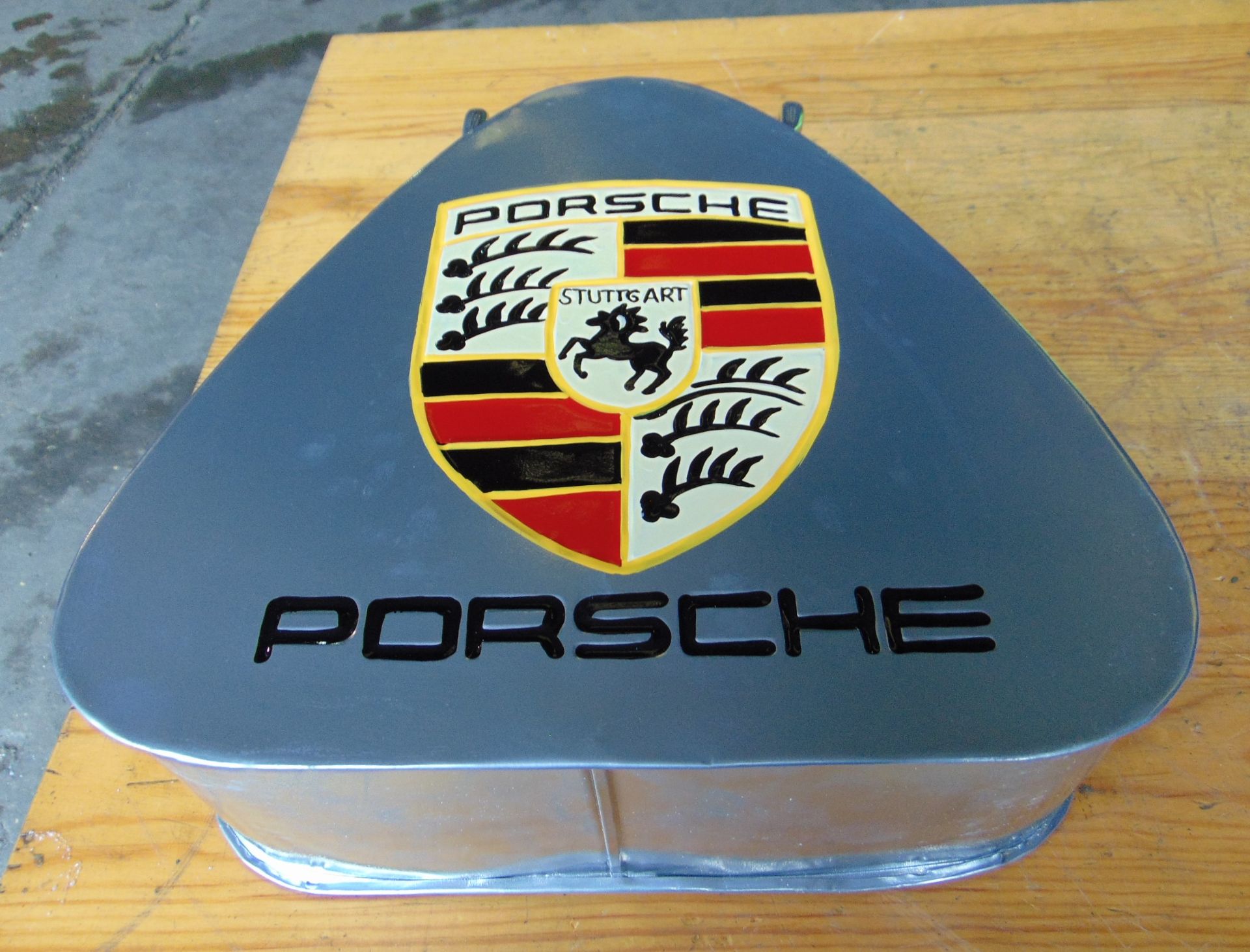 Hand-Painted Triangular Porsche Silver Oil Can W/ Brass Screw Cap - Image 8 of 10