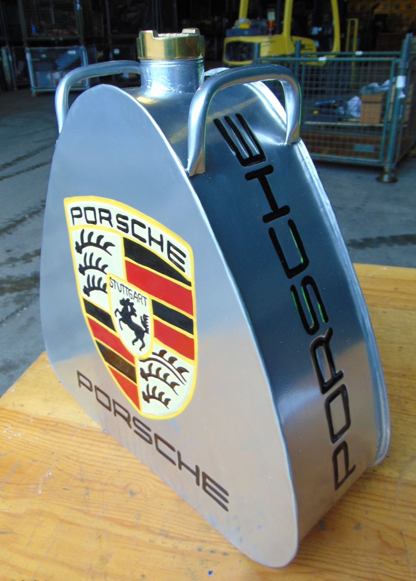 Hand-Painted Triangular Porsche Silver Oil Can W/ Brass Screw Cap - Image 5 of 10