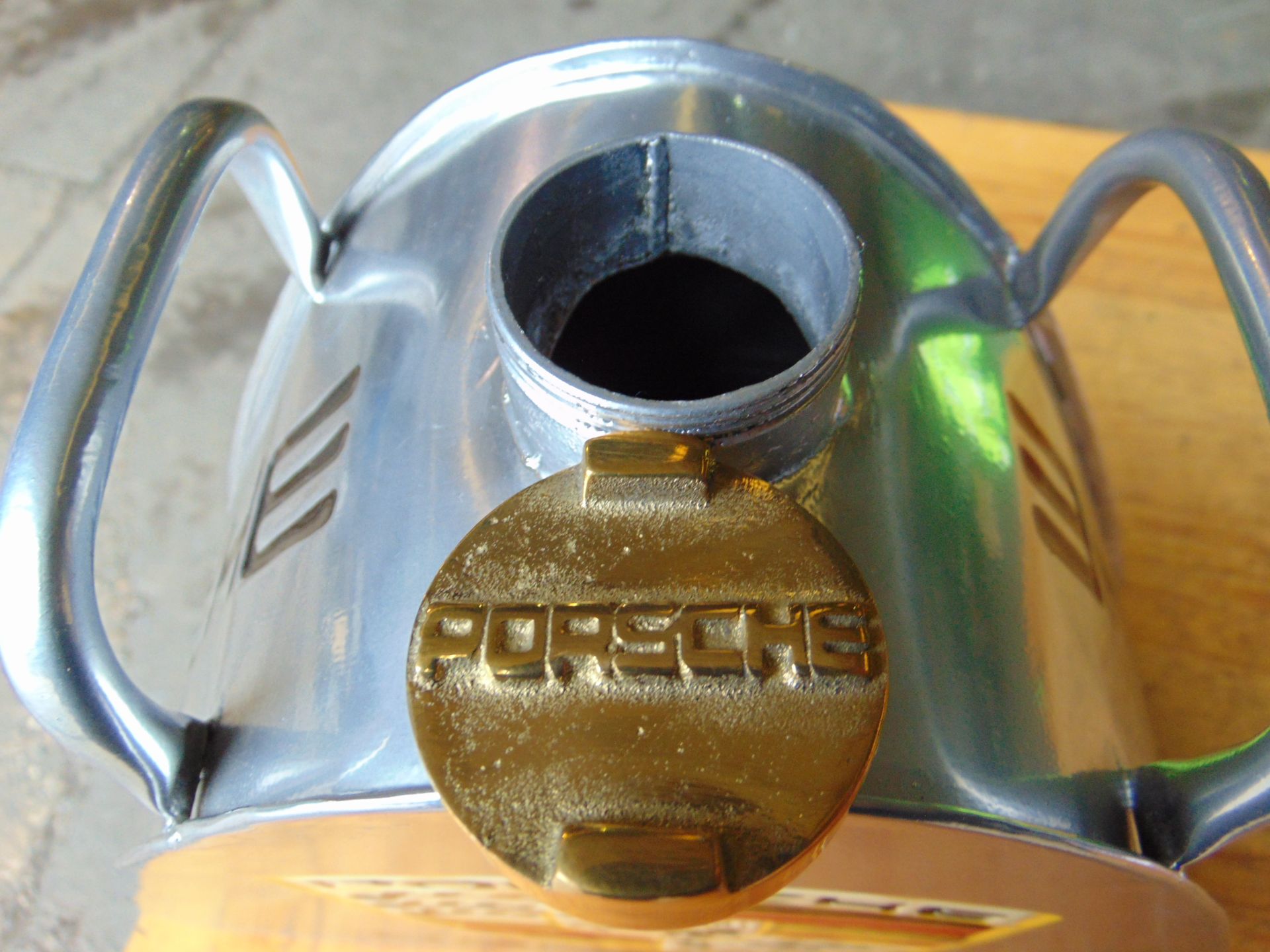 Hand-Painted Triangular Porsche Silver Oil Can W/ Brass Screw Cap - Image 10 of 10