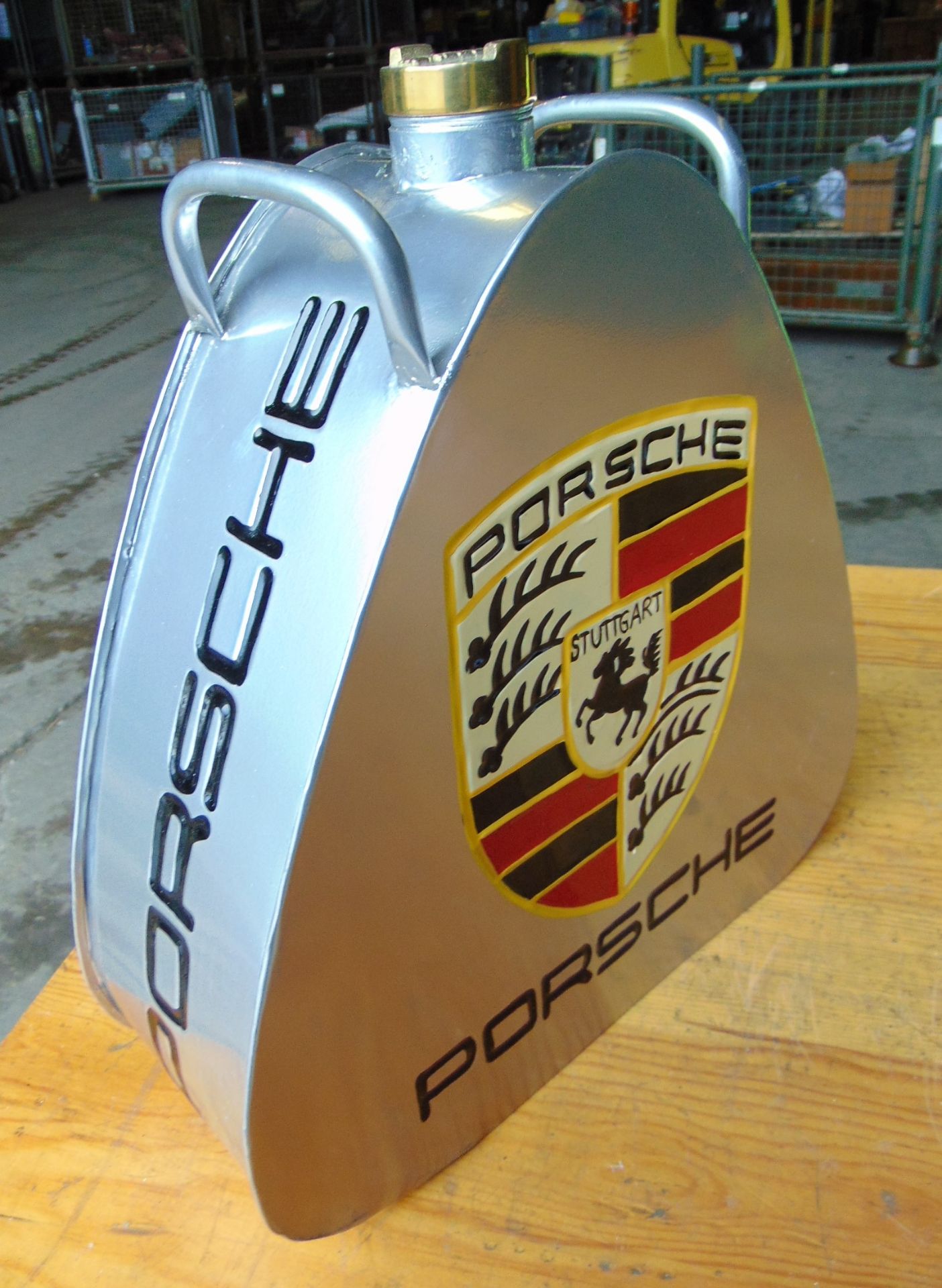 Hand-Painted Triangular Porsche Silver Oil Can W/ Brass Screw Cap - Image 4 of 10