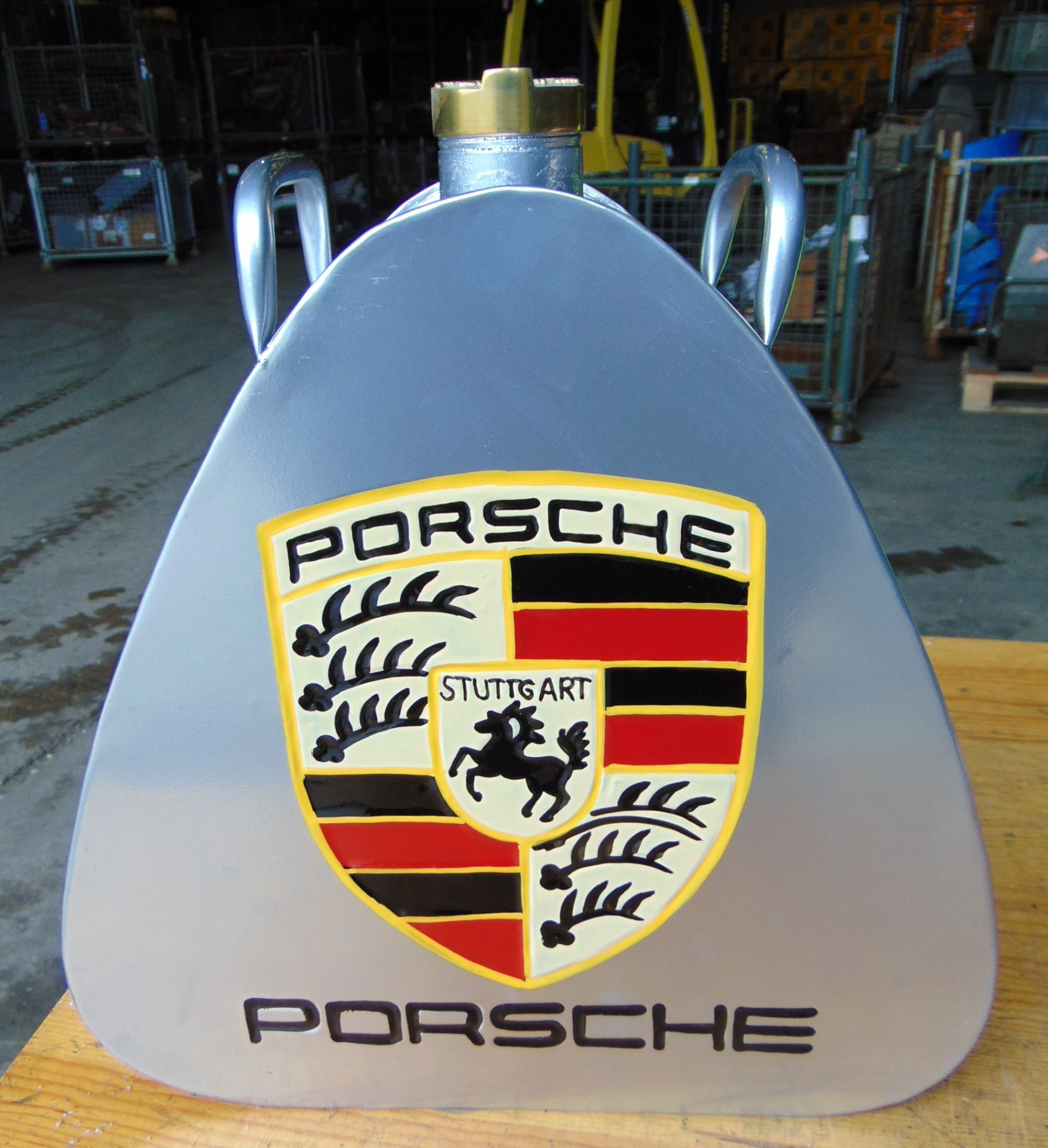 Hand-Painted Triangular Porsche Silver Oil Can W/ Brass Screw Cap - Image 2 of 10