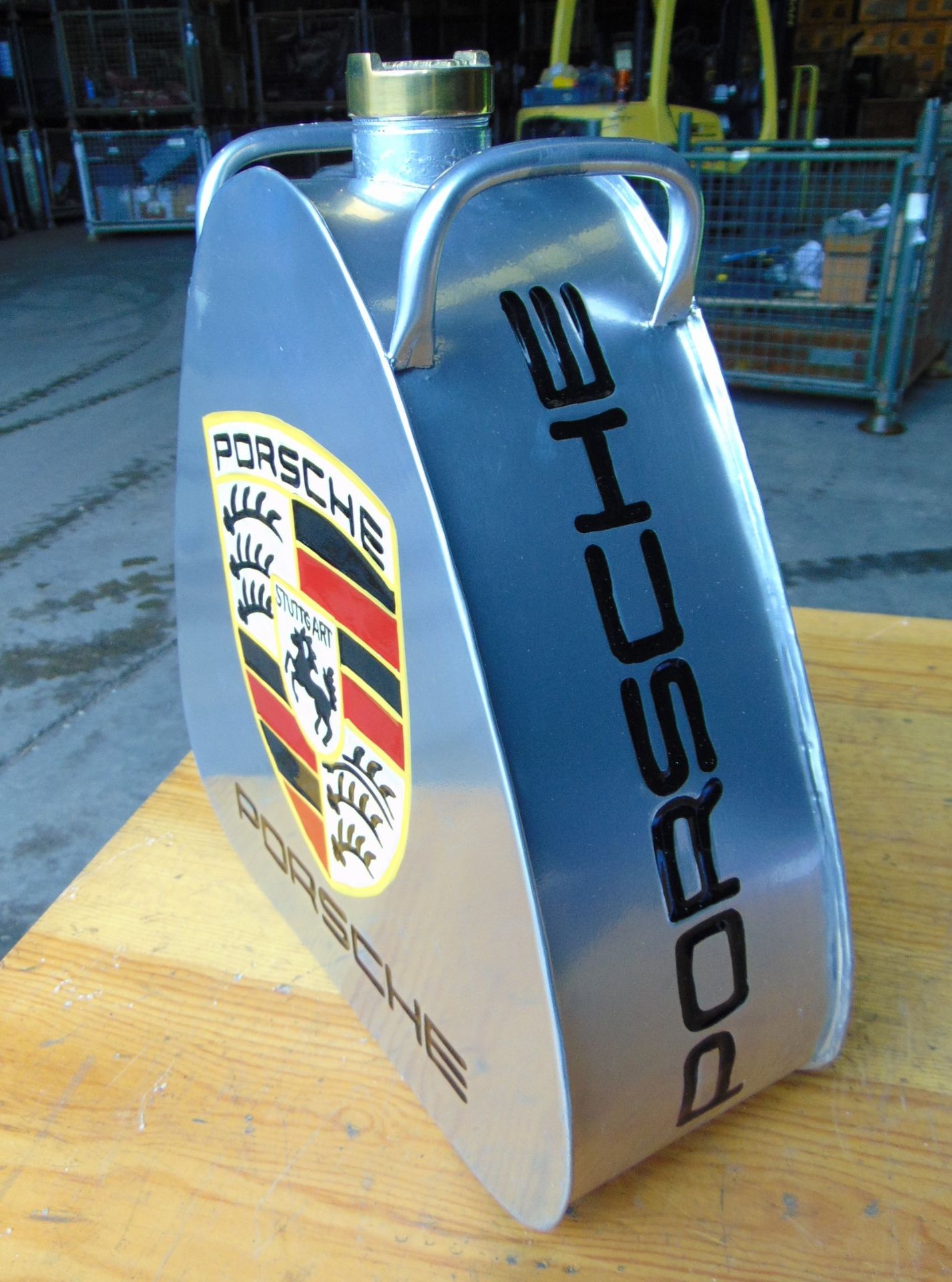 Hand-Painted Triangular Porsche Silver Oil Can W/ Brass Screw Cap - Image 3 of 10