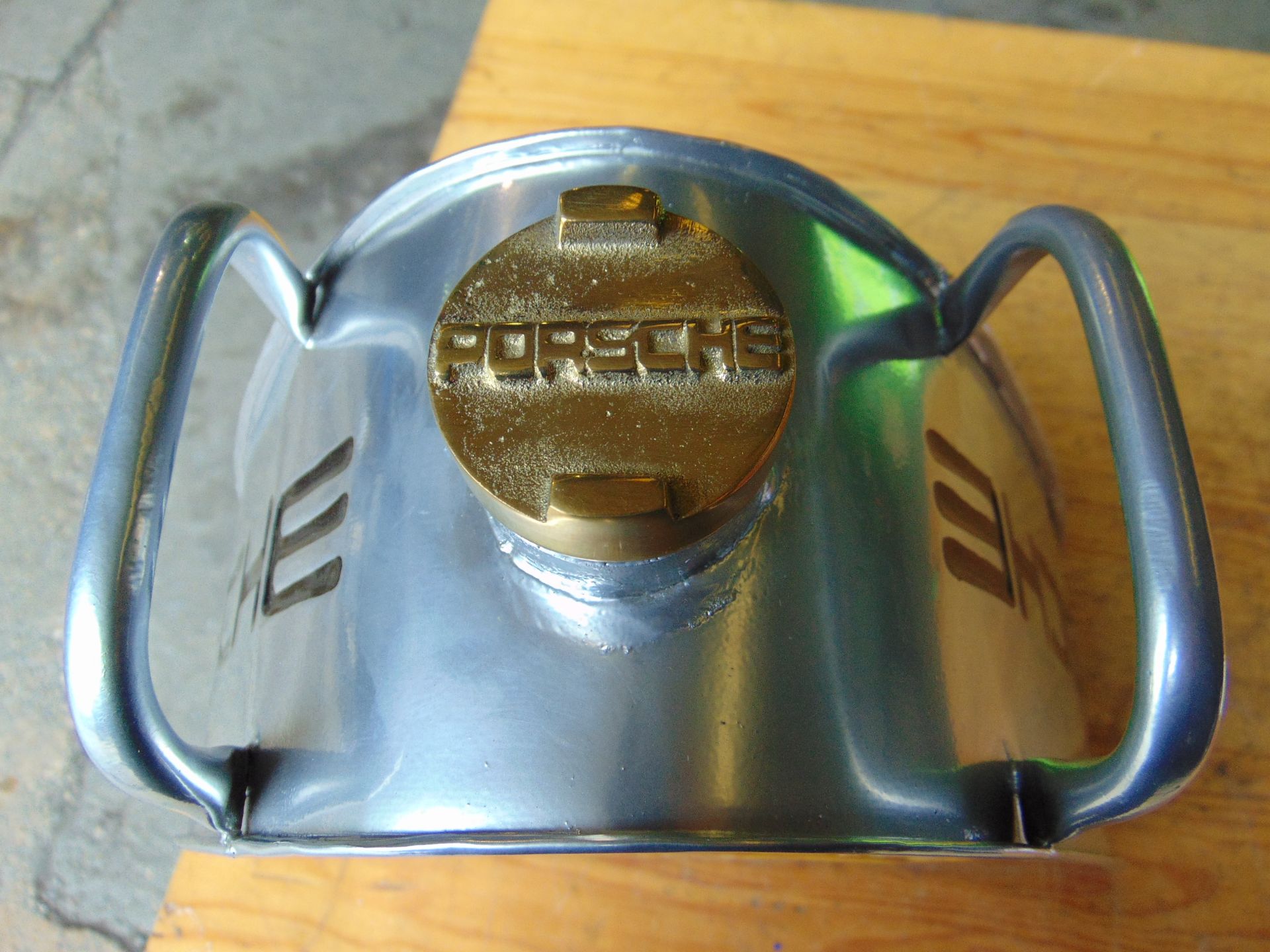 Hand-Painted Triangular Porsche Silver Oil Can W/ Brass Screw Cap - Image 7 of 10