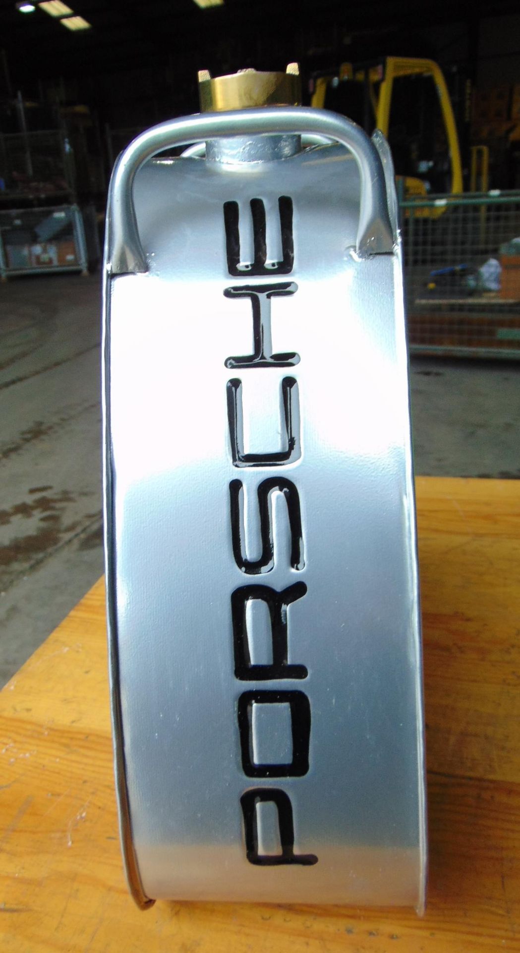 Hand-Painted Triangular Porsche Silver Oil Can W/ Brass Screw Cap - Image 6 of 10
