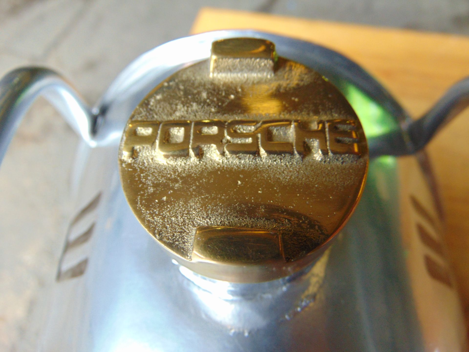 Hand-Painted Triangular Porsche Silver Oil Can W/ Brass Screw Cap - Image 9 of 10