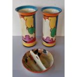 A pair of Clarice Cliff Fantasque Bizarre Newport Pottery vases in the 'Autumn Balloon Trees' patter