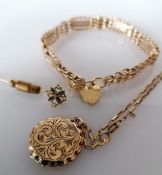 A gate link bracelet with padlock clasp, 16 cm; an etched locket chain, and a sapphire and pear pin