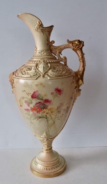 A large Royal Worcester blush ivory ewer, the frieze decorated with cherubs and grotesque masks - Image 2 of 12