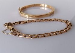 A yellow gold dodecagon hinged bangle, 55mm and a flat curb-link bracelet with lobster clasp,