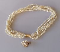 A five-strand pearl choker with a yellow gold clasp, stamped 585, 40 cm