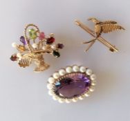 A multi-gem set gold brooch in the form of a basket, 30 x 35mm; a kingfisher gold brooch with ruby d