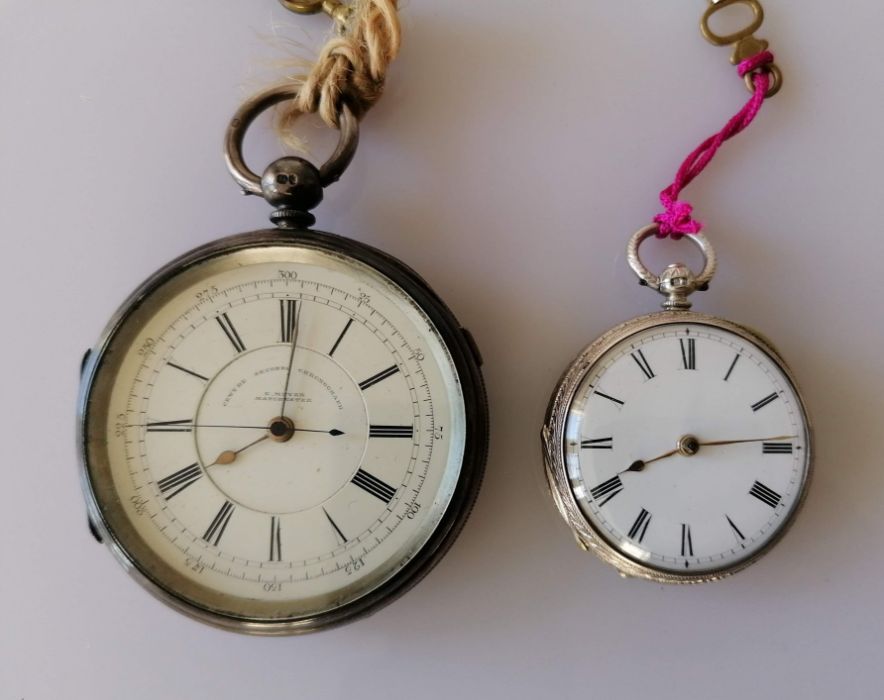 A Victorian silver-cased chronograph pocket watch with Roman numerals, dial 47mm, signed for Meyer