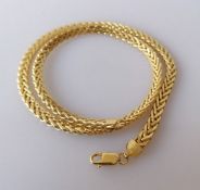 An Italian yellow 9ct gold weave-link necklace with lobster clasp, import marks, 43 cm, 13g