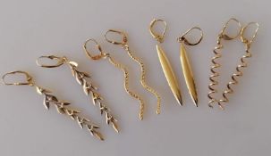 Four pairs of 9ct gold drop earrings, all stamped, one damaged, 10.5g