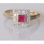 An Art Deco ruby and diamond ring on an 18ct yellow gold and platinum setting