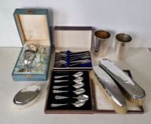 A cased Germain 800 silver christening set with embossed decoration