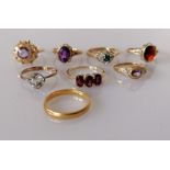 A 22ct yellow gold wedding band, 2mm, size M, 3g and a selection of seven 9ct gold gem-set rings