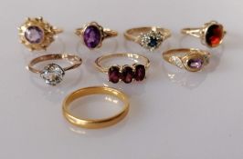 A 22ct yellow gold wedding band, 2mm, size M, 3g and a selection of seven 9ct gold gem-set rings
