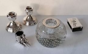 An Asprey silver and glass globular match striker with hobnail and bubble design features