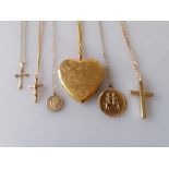 Six yellow gold pendants and chains, various sizes, all hallmarked/stamped 9ct, all clasps good, 33g