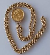 A QEII gold full sovereign, 1964, on a hallmarked 9ct gold mount and chain, 18.6g