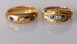 A Victorian star-set diamond and sapphire gypsy ring in a tapering yellow gold shank